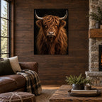 Highland Cow Wall Art – Dark Metal Portrait — displayed in a modern living room