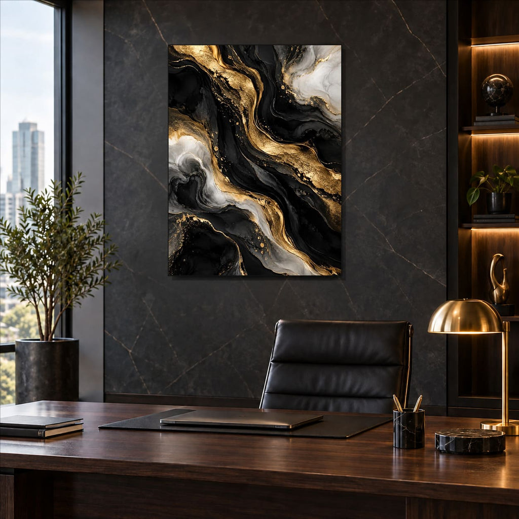 Black and Gold Abstract Metal Wall Art — displayed in a modern living room