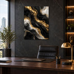 Black and Gold Abstract Metal Wall Art — displayed in a modern living room