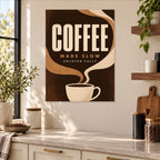 Modern Coffee Kitchen Wall Art on Metal — displayed in a modern living room