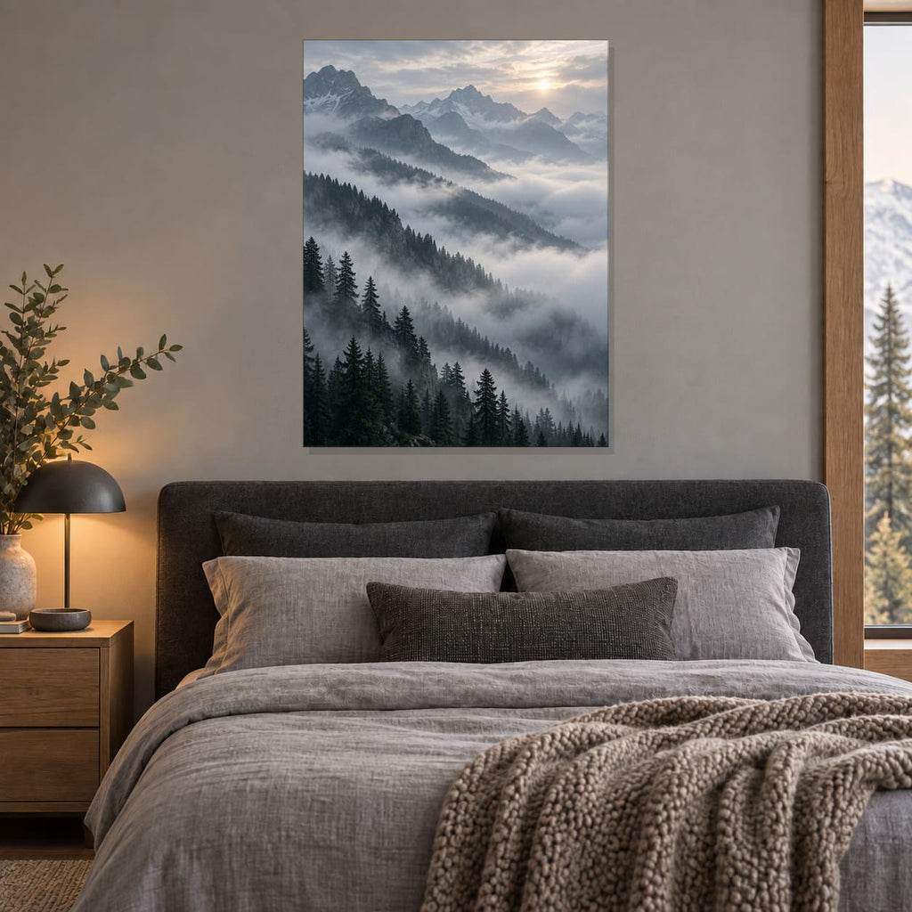 Foggy Mountain Landscape Metal Wall Art — displayed in a modern living room