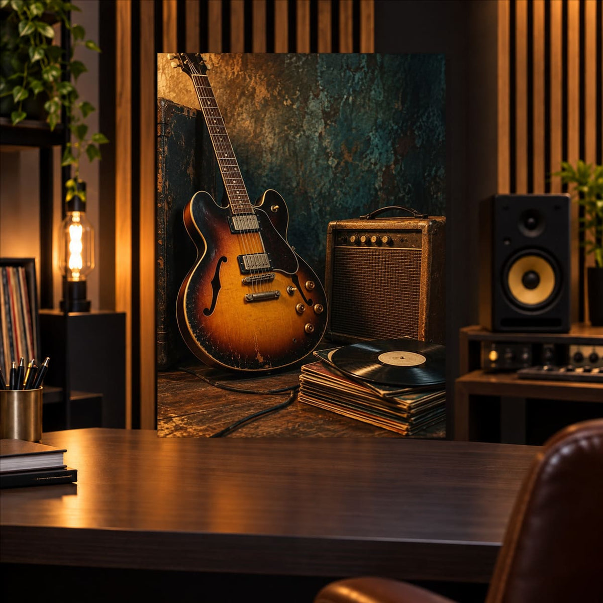 Vintage Guitar and Vinyl Music Metal Wall Art — displayed in a modern living room