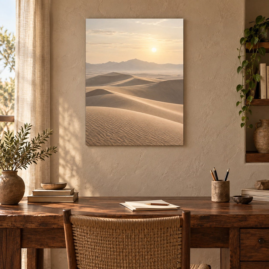 Neutral Desert Horizon Landscape Metal Wall Art — displayed in a modern living room