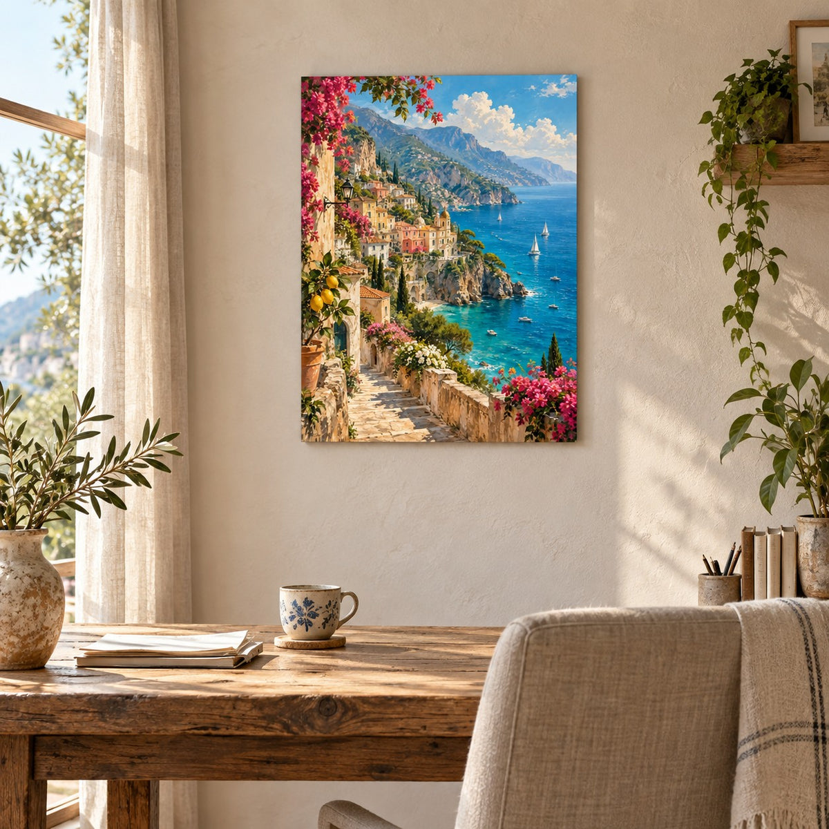 Vintage Amalfi Coast Landscape Metal Wall Art — displayed in a modern living room