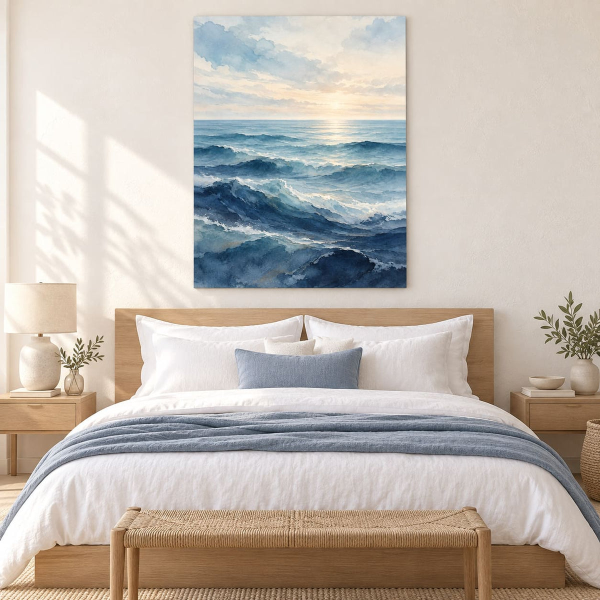 Bathroom Wall Art – Minimal Ocean Waves Metal Print — displayed as frameless wall decor