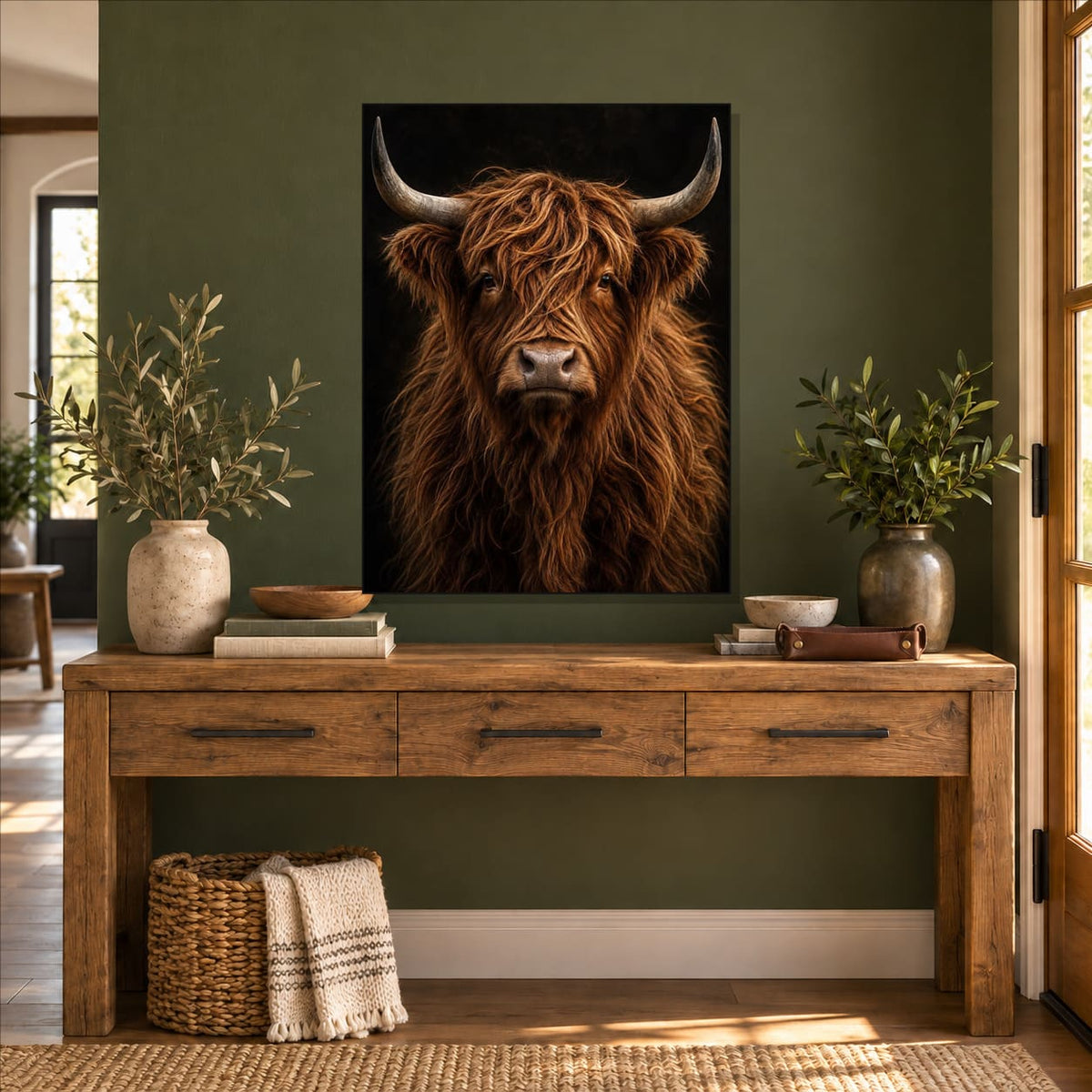 Highland Cow Wall Art – Dark Metal Portrait — displayed as frameless wall decor