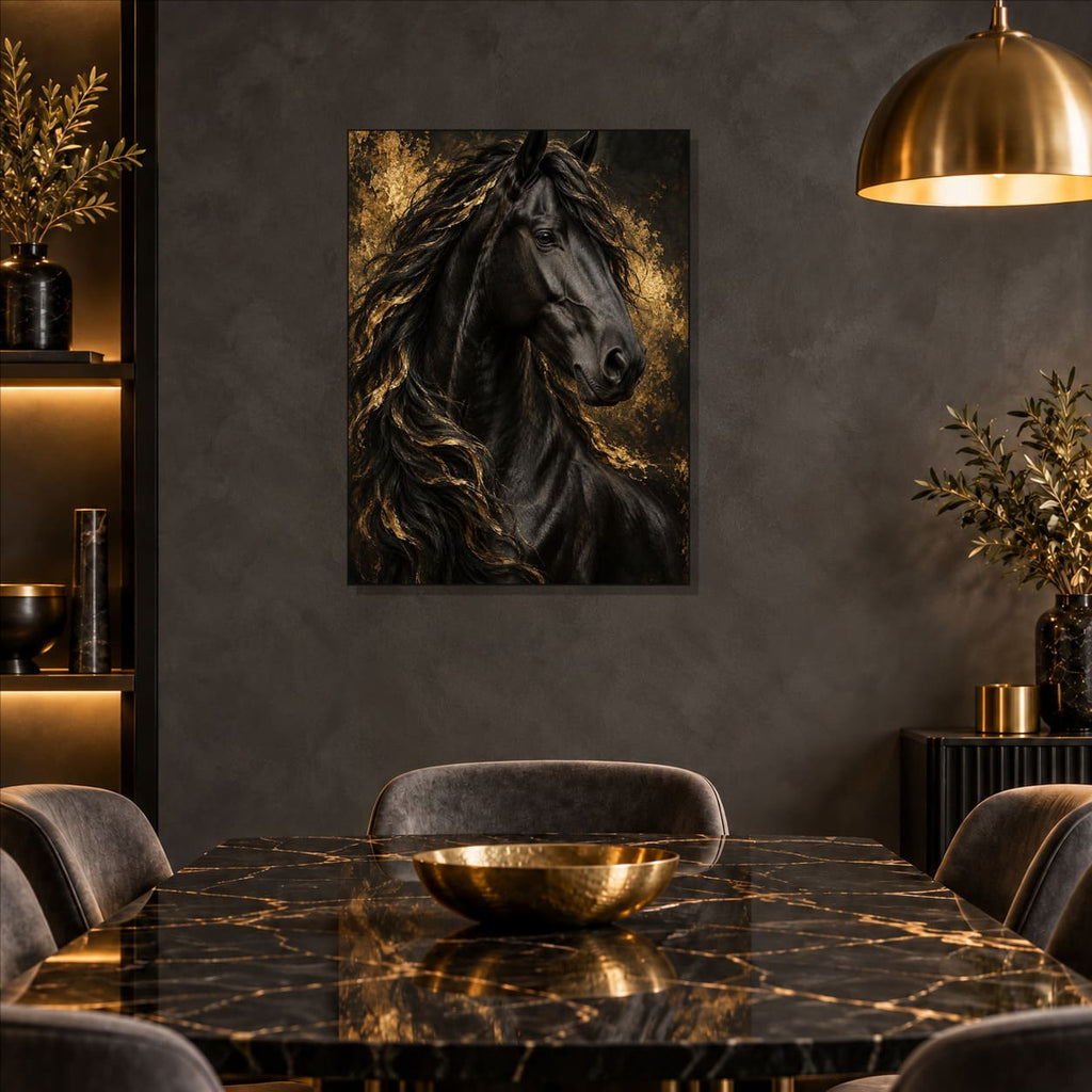 Black and Gold Horse Wall Art on Metal — displayed as frameless wall decor