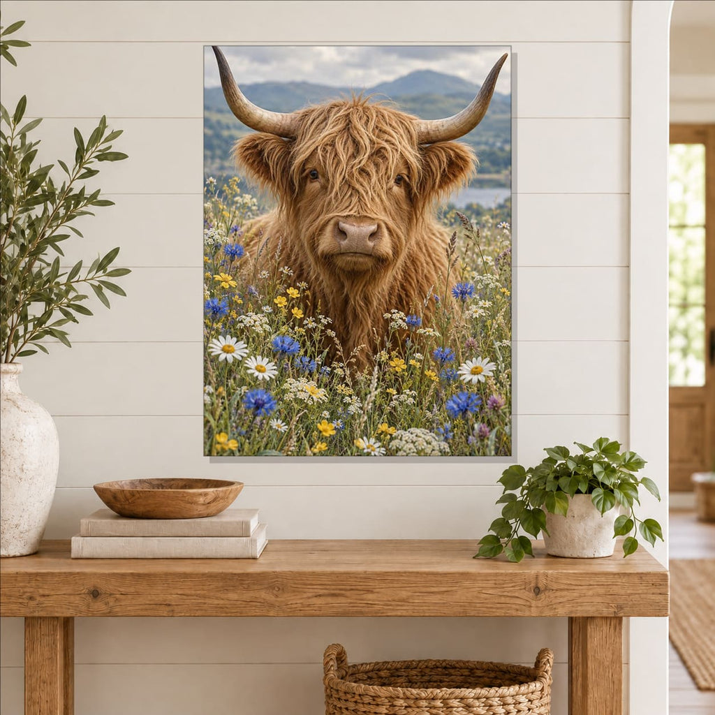 Highland Cow with Wildflowers Metal Wall Art — displayed as frameless wall decor