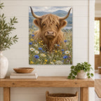 Highland Cow with Wildflowers Metal Wall Art — displayed as frameless wall decor