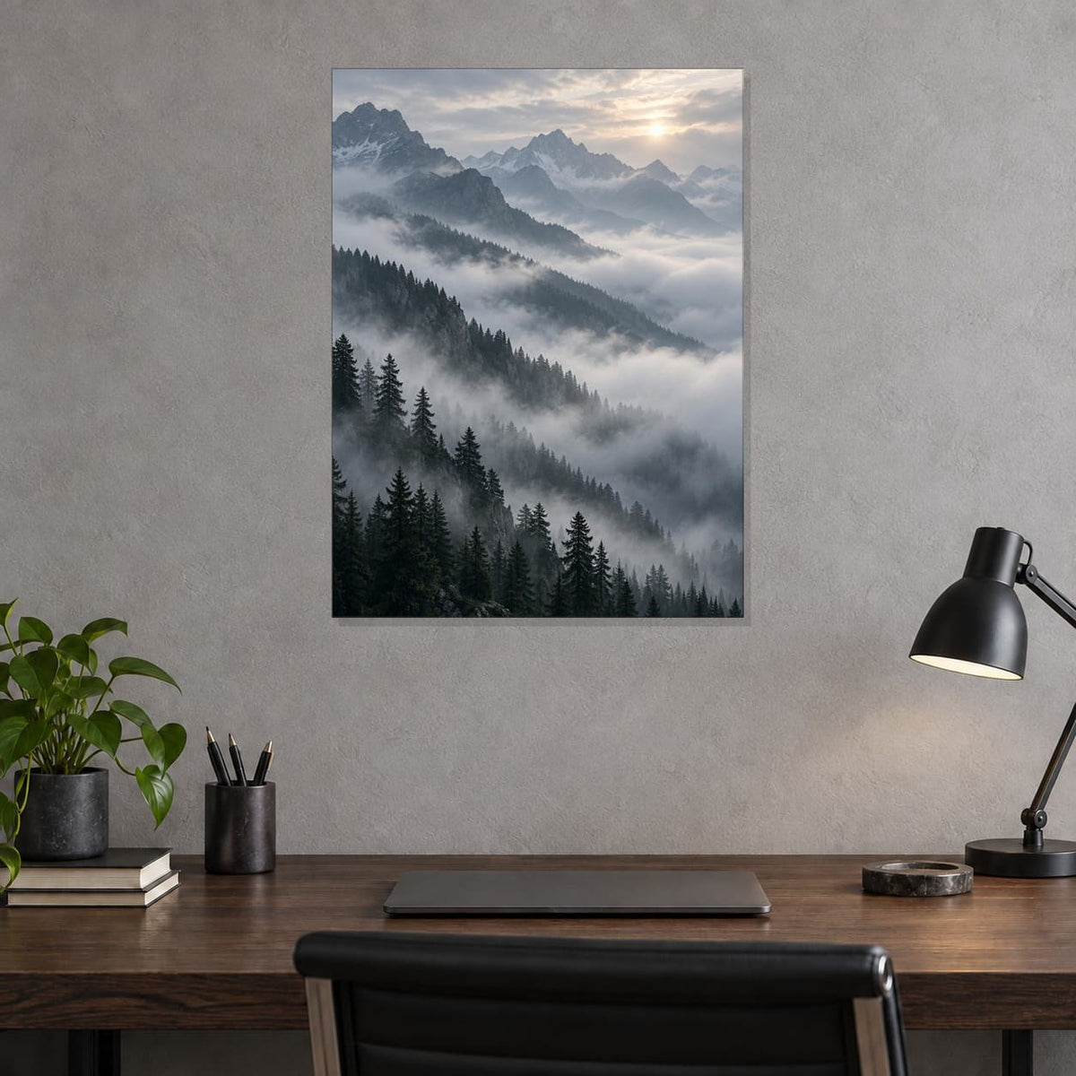 Foggy Mountain Landscape Metal Wall Art — displayed as frameless wall decor