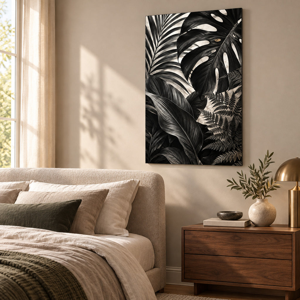 Bathroom Wall Art – Black Botanical Leaves Metal Print — displayed as frameless wall decor