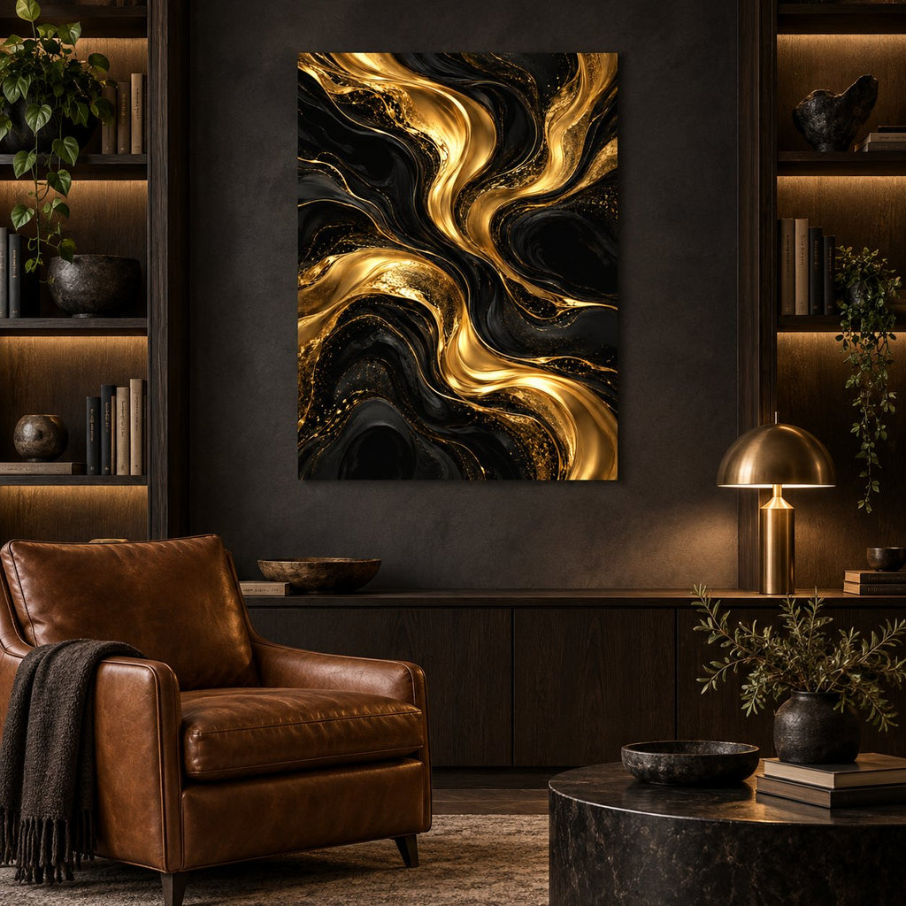 Midnight Gold Currents Abstract Metal Wall Art — displayed as frameless wall decor