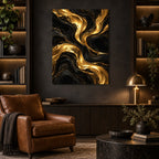 Midnight Gold Currents Abstract Metal Wall Art — displayed as frameless wall decor