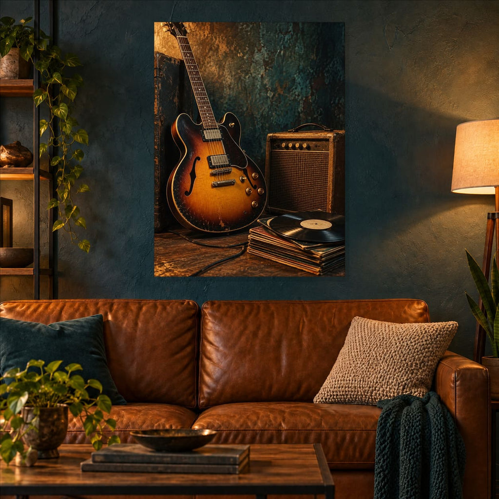 Vintage Guitar and Vinyl Music Metal Wall Art — displayed as frameless wall decor