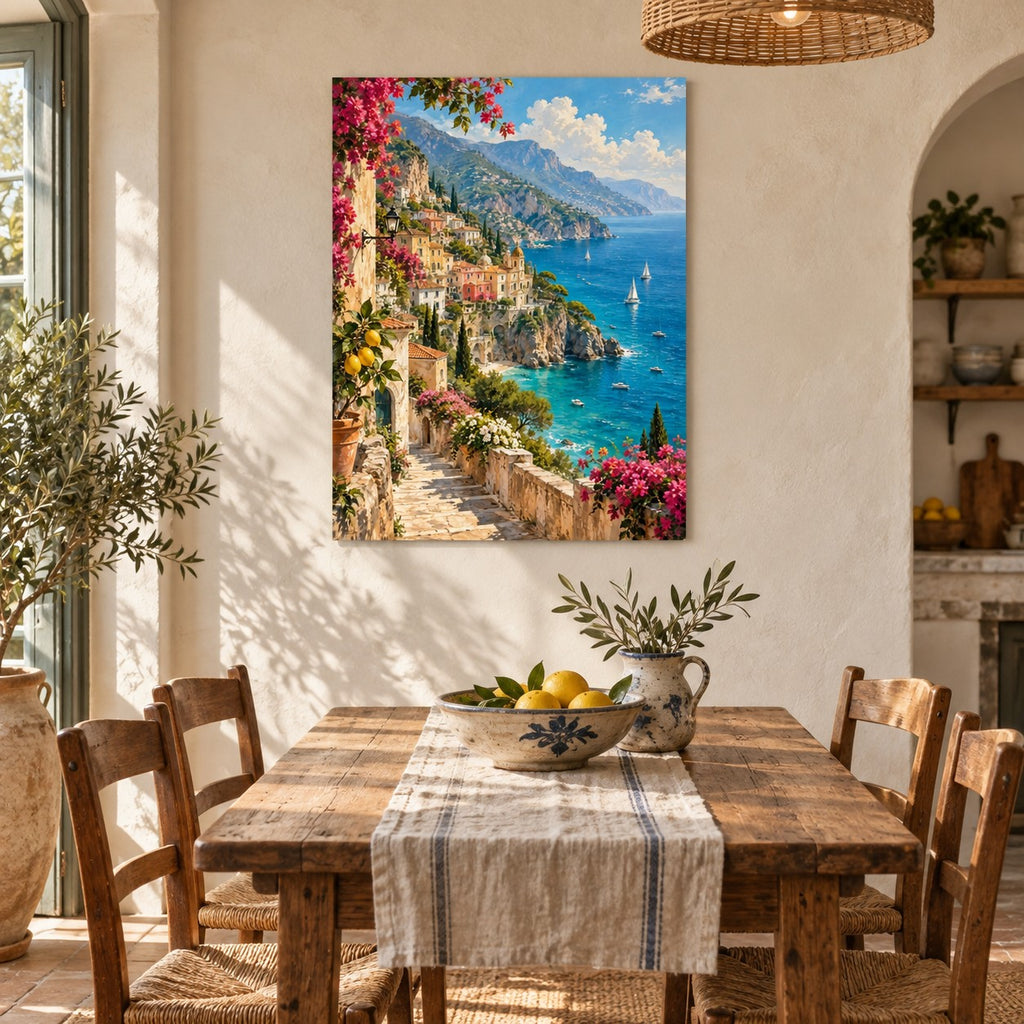 Vintage Amalfi Coast Landscape Metal Wall Art — displayed as frameless wall decor