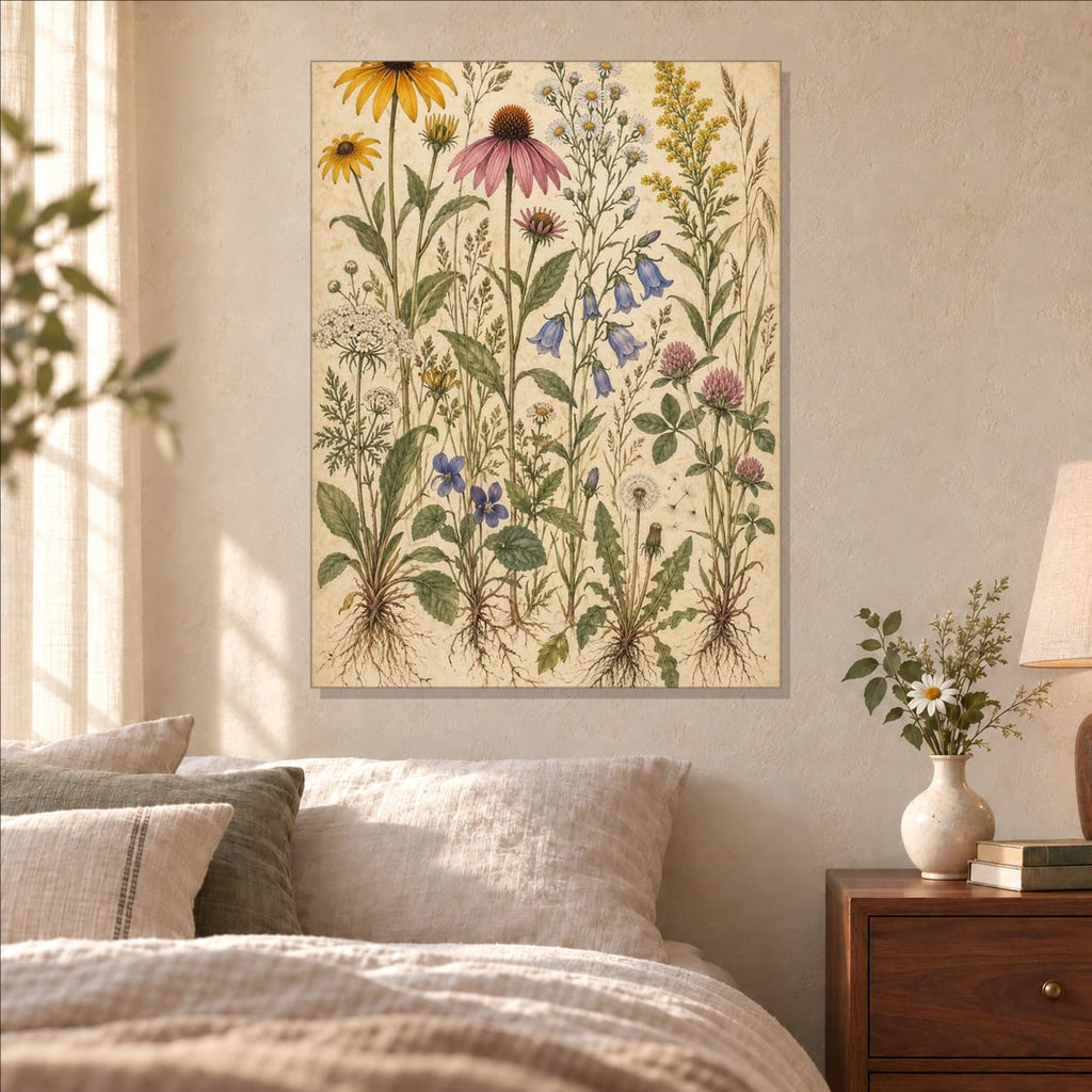 Vintage Botanical Wildflowers Metal Wall Art — displayed as frameless wall decor
