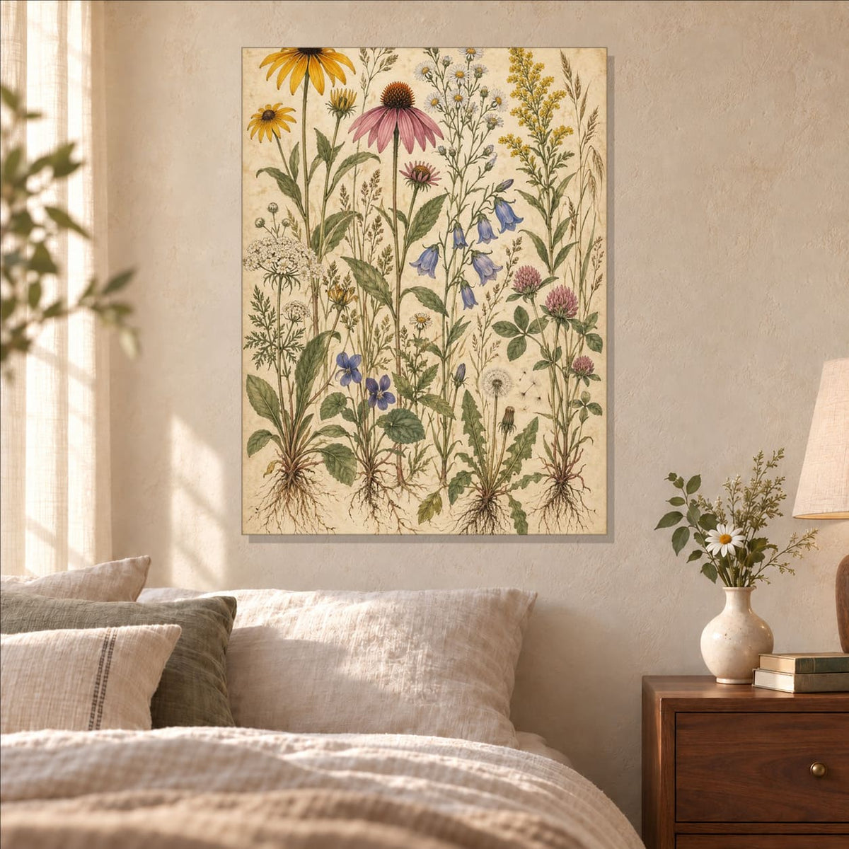 Vintage Botanical Wildflowers Metal Wall Art — displayed as frameless wall decor