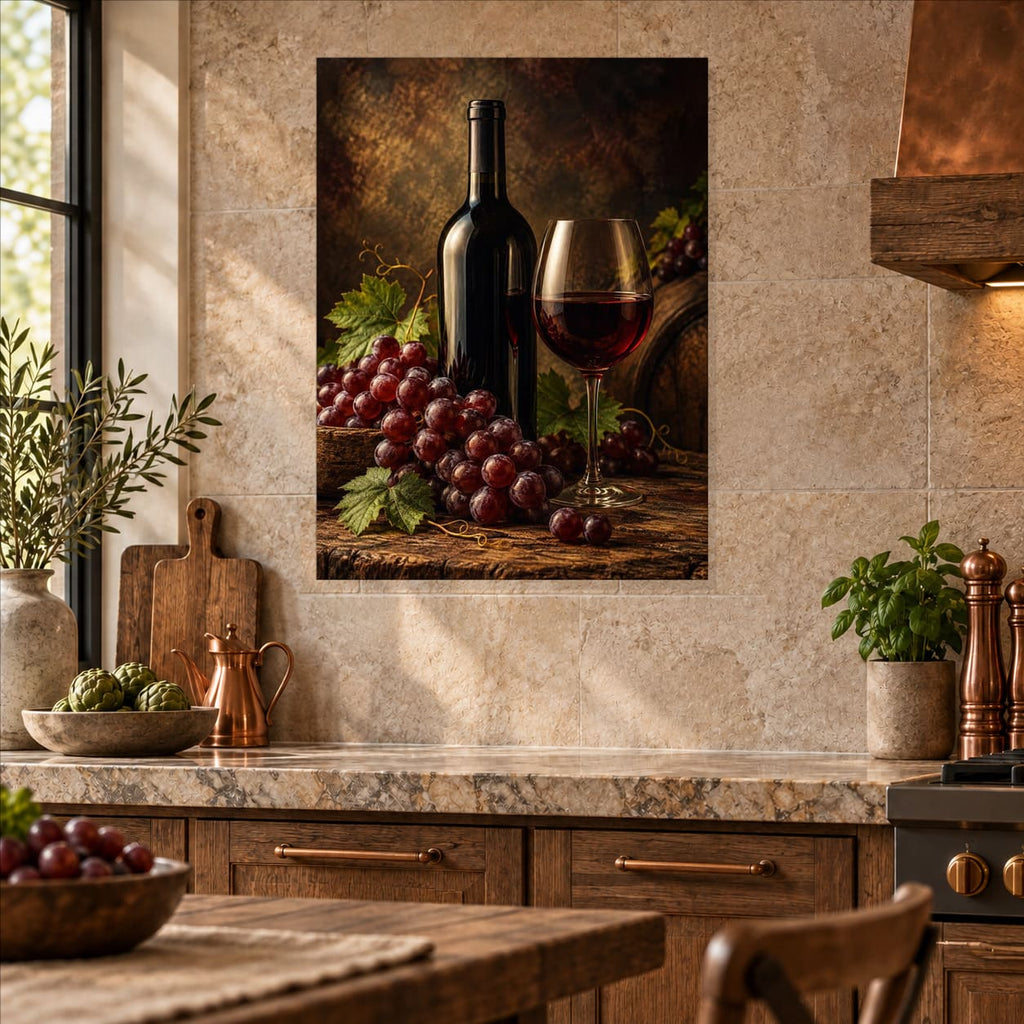 Vintage Wine Kitchen Wall Art on Metal — displayed as frameless wall decor