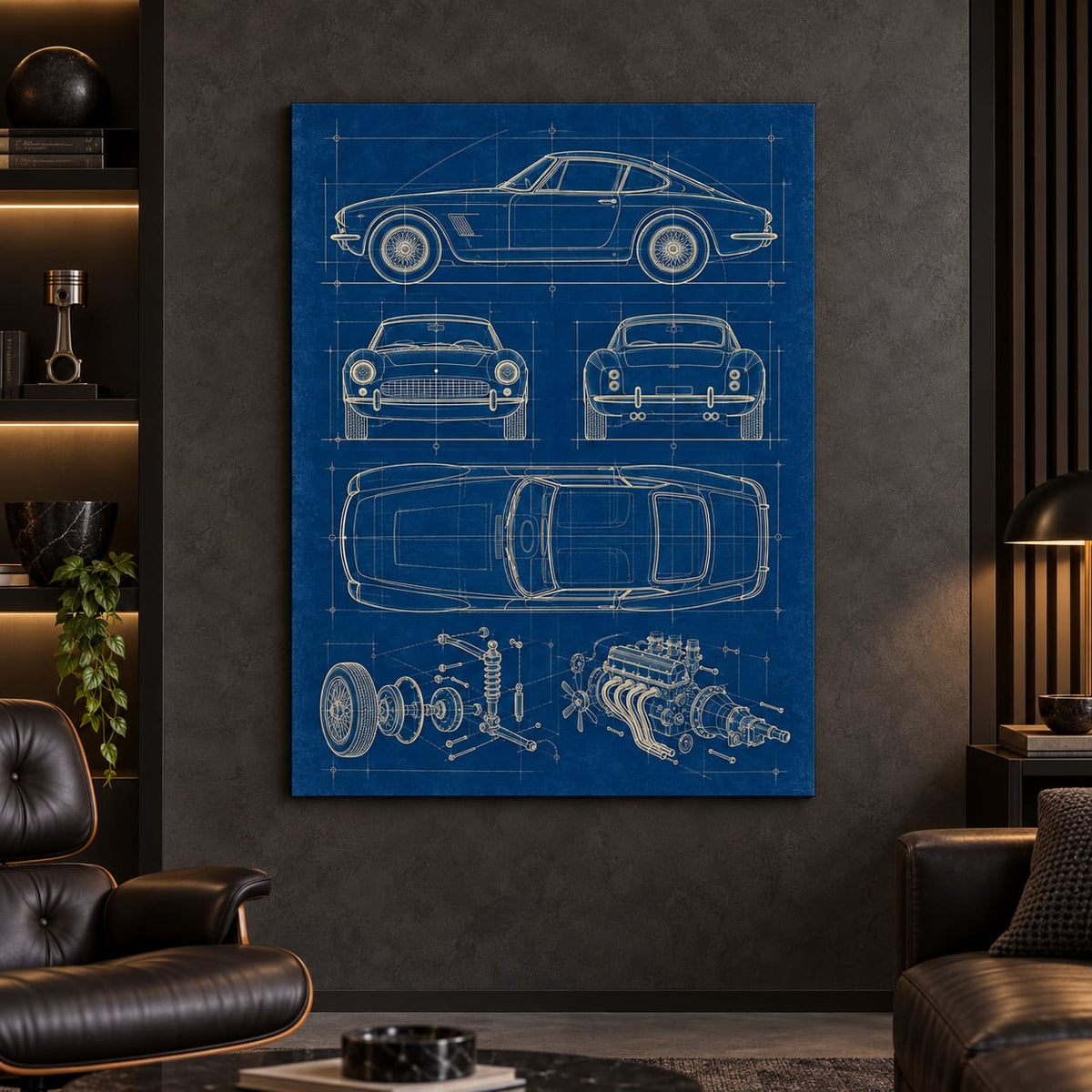 Classic Sports Car Blueprint Metal Wall Art — displayed as frameless wall decor