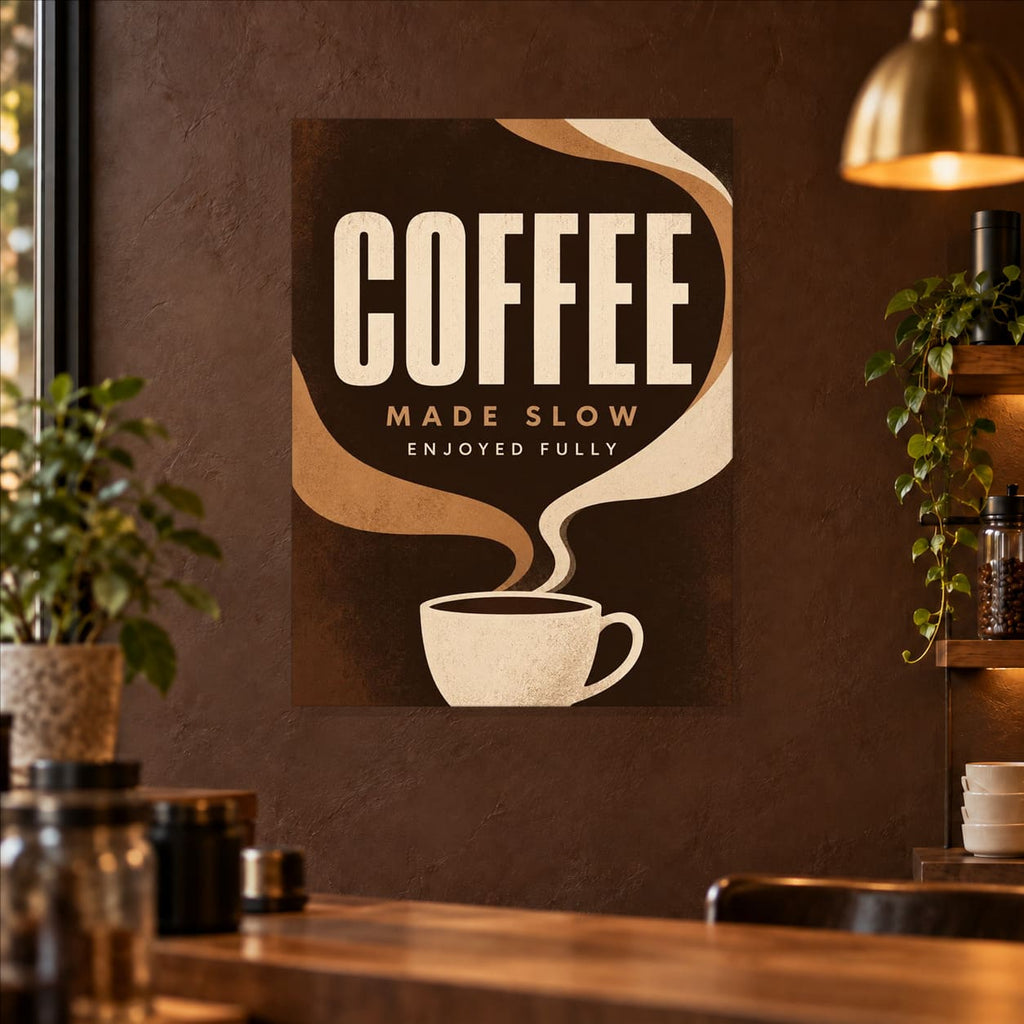 Modern Coffee Kitchen Wall Art on Metal — displayed as frameless wall decor