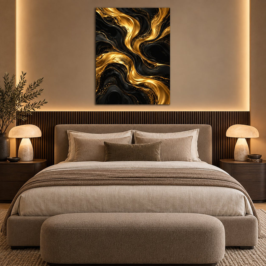 Midnight Gold Currents Abstract Metal Wall Art — styled interior lifestyle view