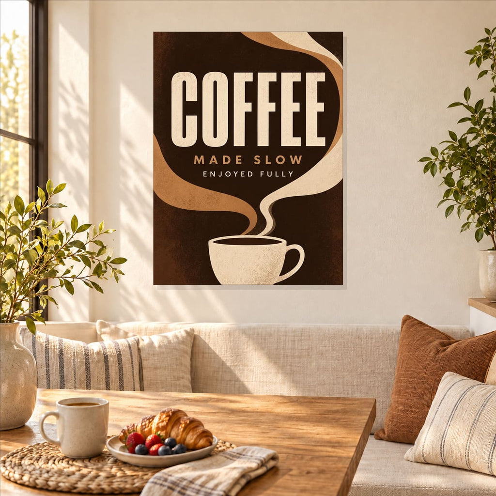 Modern Coffee Kitchen Wall Art on Metal — styled interior lifestyle view