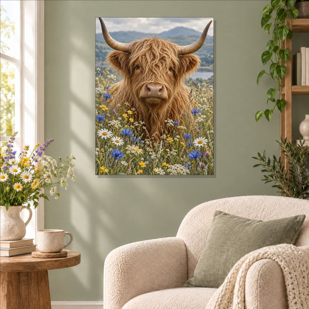 Highland Cow with Wildflowers Metal Wall Art — styled interior lifestyle view