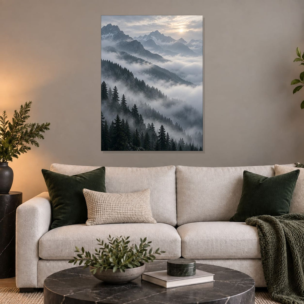 Foggy Mountain Landscape Metal Wall Art — styled interior lifestyle view