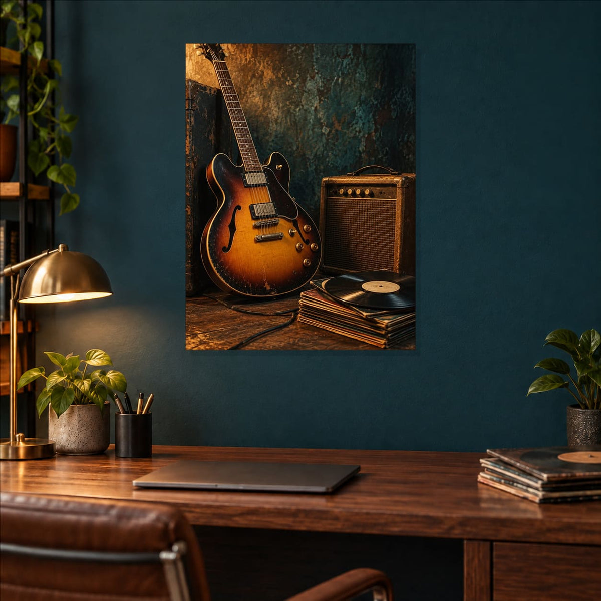 Vintage Guitar and Vinyl Music Metal Wall Art — styled interior lifestyle view