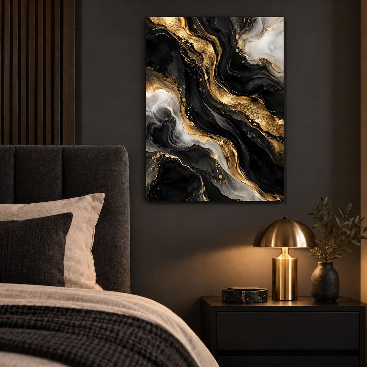 Black and Gold Abstract Metal Wall Art — styled interior lifestyle view