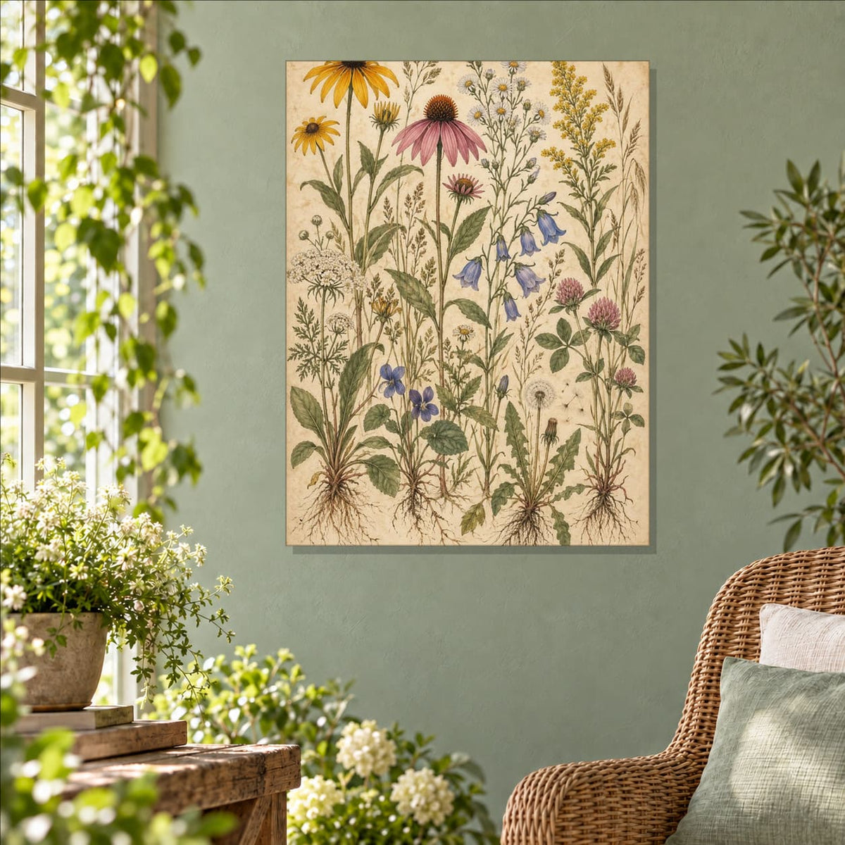 Vintage Botanical Wildflowers Metal Wall Art — styled interior lifestyle view