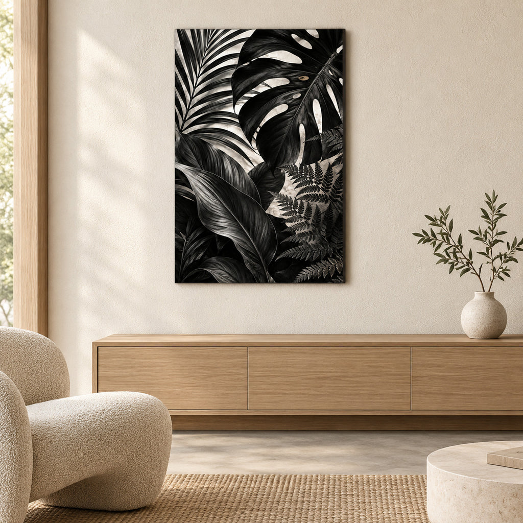 Bathroom Wall Art – Black Botanical Leaves Metal Print — styled interior lifestyle view