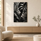 Bathroom Wall Art – Black Botanical Leaves Metal Print — styled interior lifestyle view