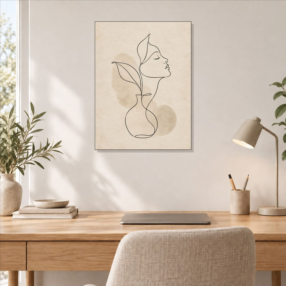Minimalist Neutral Line Art Metal Print — styled interior lifestyle view
