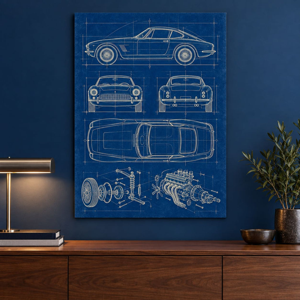 Classic Sports Car Blueprint Metal Wall Art — styled interior lifestyle view