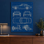 Classic Sports Car Blueprint Metal Wall Art — styled interior lifestyle view