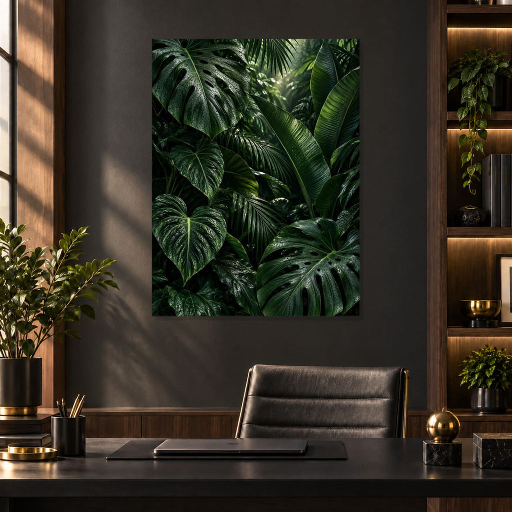 Dark Green Botanical Leaves Metal Wall Art — styled interior lifestyle view