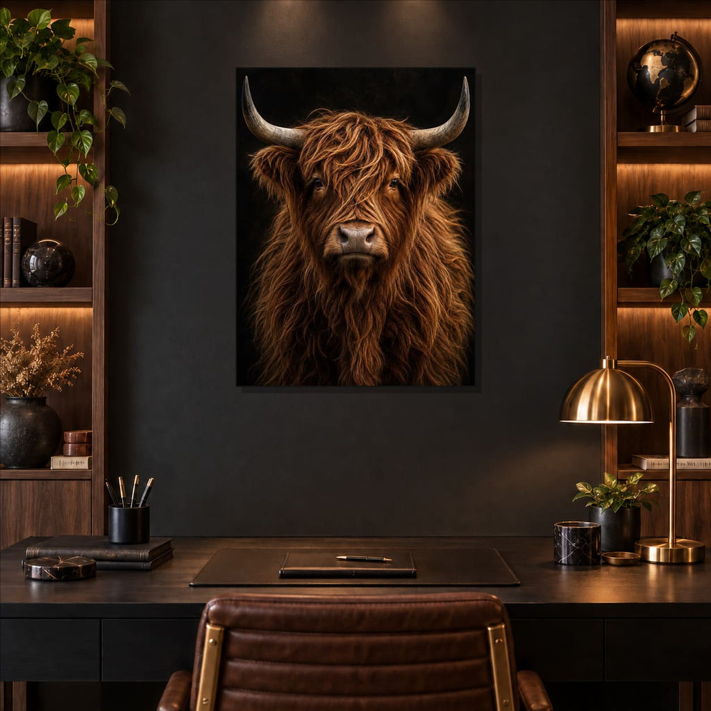 Highland Cow Wall Art – Dark Metal Portrait — styled interior lifestyle view