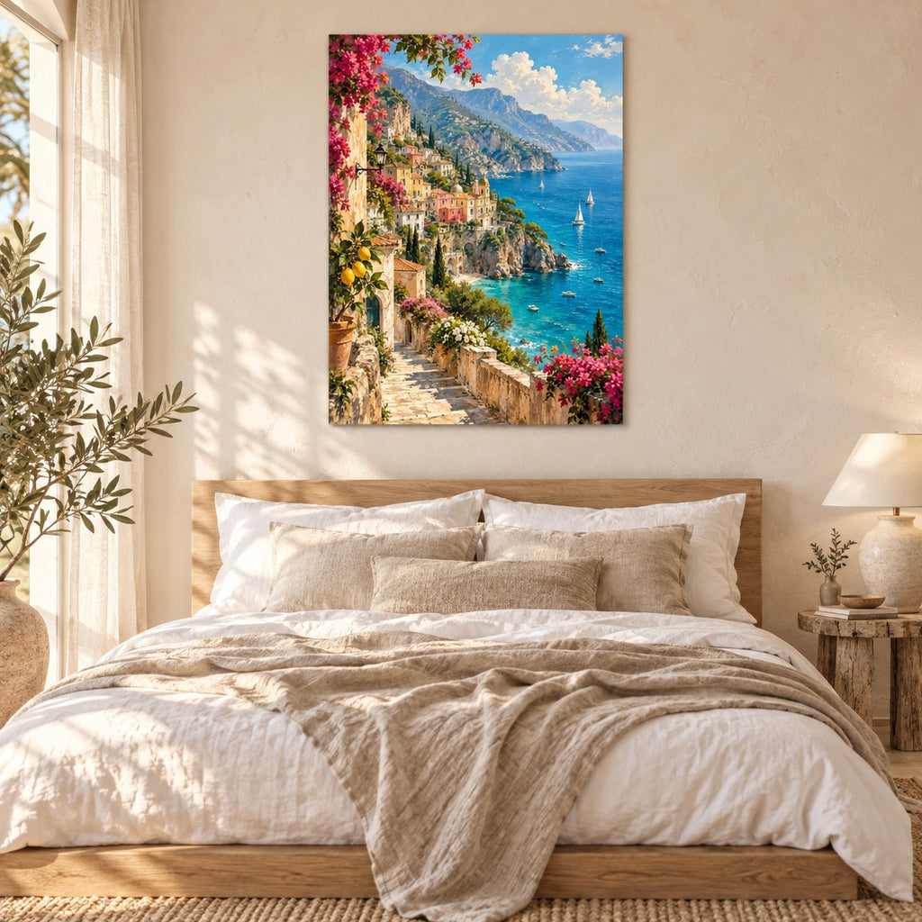 Vintage Amalfi Coast Landscape Metal Wall Art — styled interior lifestyle view