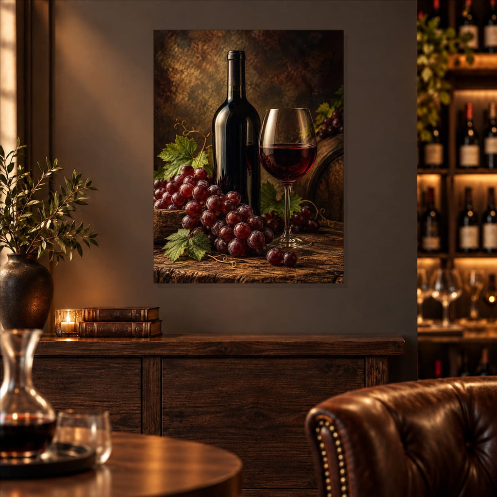 Vintage Wine Kitchen Wall Art on Metal — styled interior lifestyle view