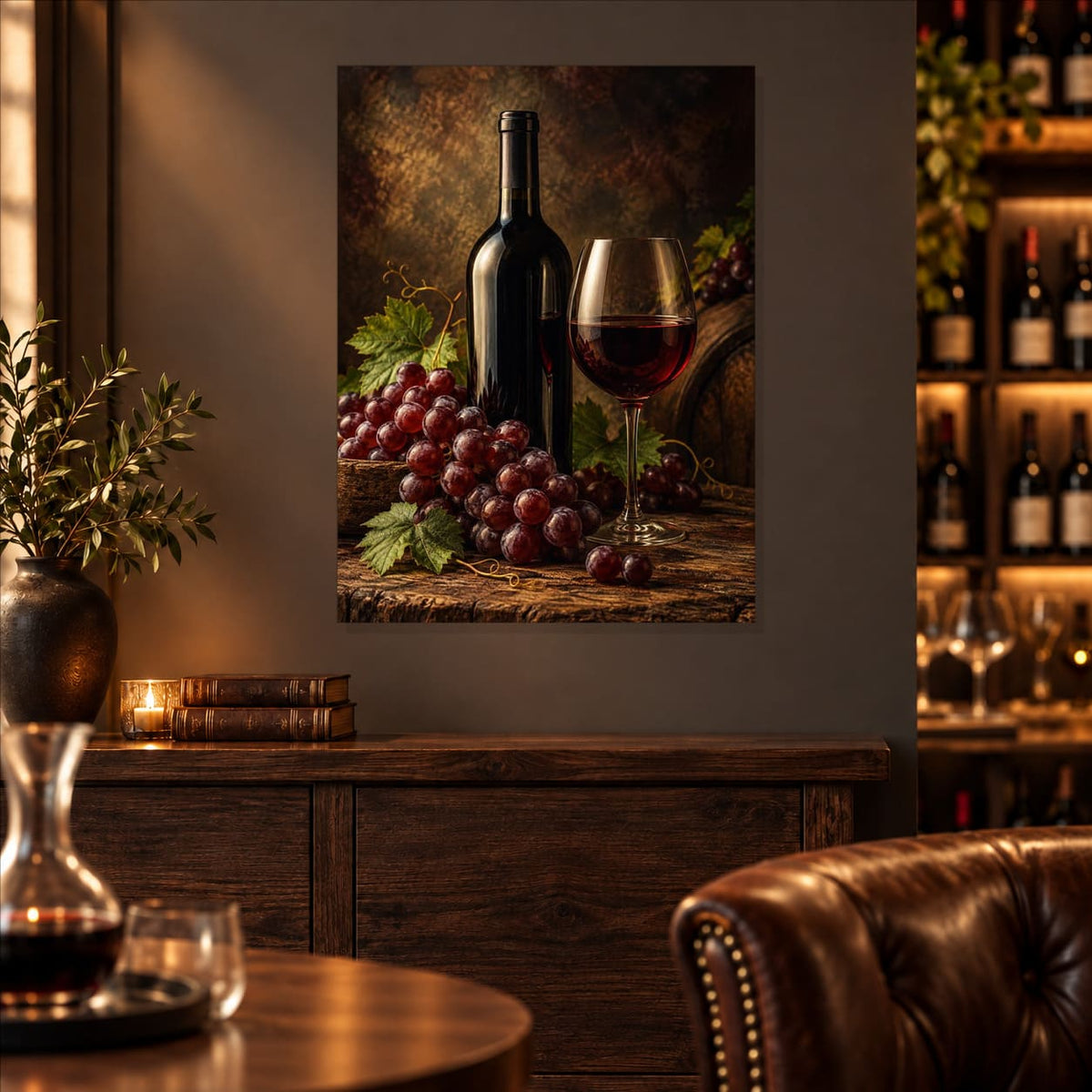 Vintage Wine Kitchen Wall Art on Metal — styled interior lifestyle view