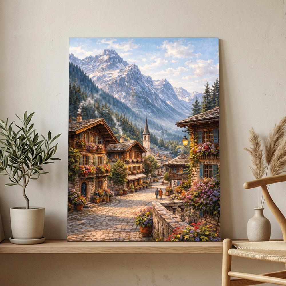 Alpine Village Landscape Metal Wall Art – premium aluminum metal wall art, product image 1