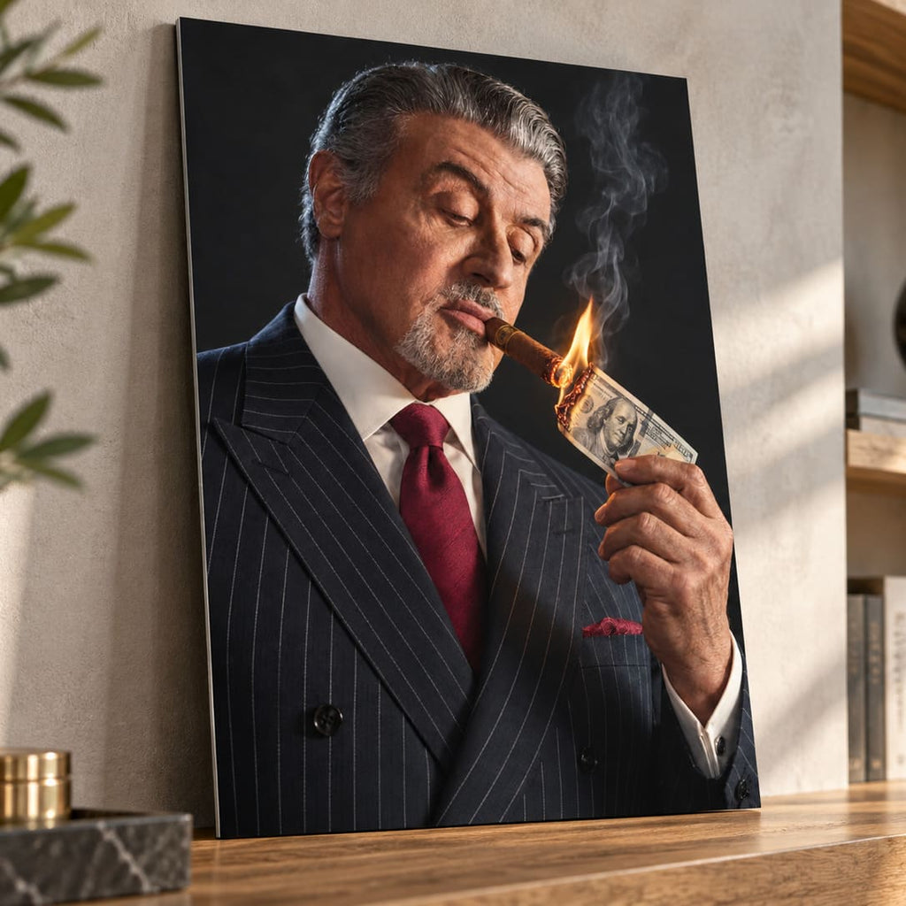 Sylvester Stallone Cigar Poster on Metal, Dark Portrait Wall Art
