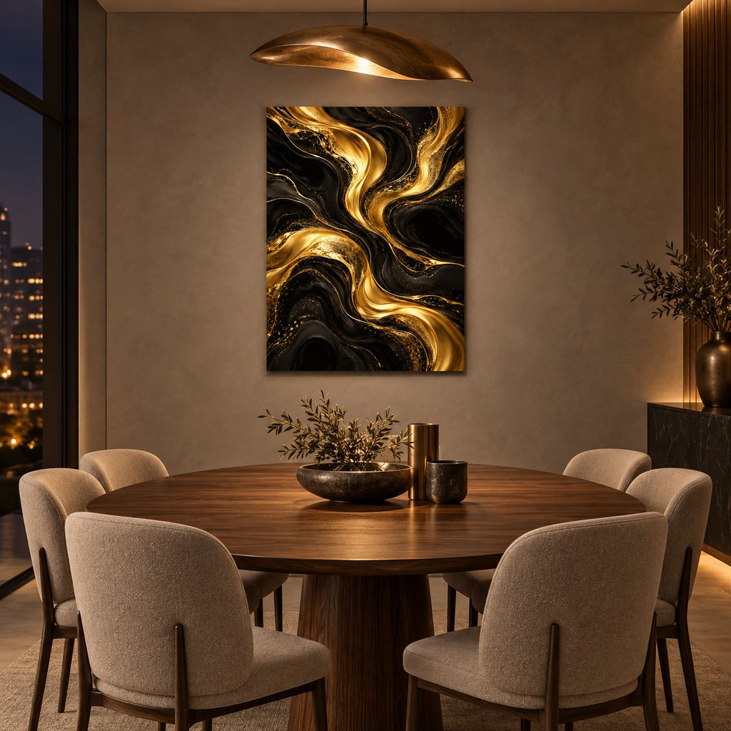 Midnight Gold Currents Abstract Metal Wall Art — close-up lifestyle view