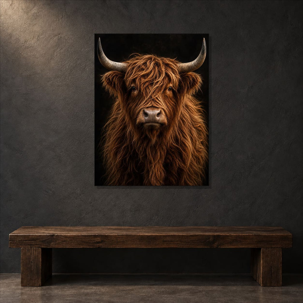 Highland Cow Wall Art – Dark Metal Portrait — close-up lifestyle view