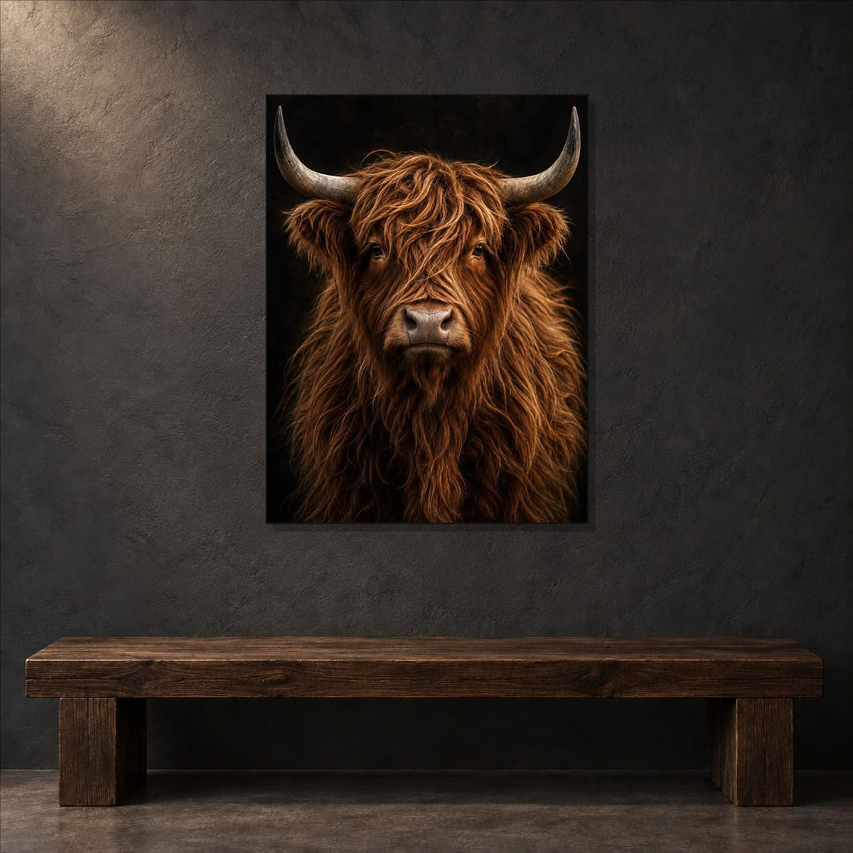 Highland Cow Wall Art – Dark Metal Portrait — close-up lifestyle view