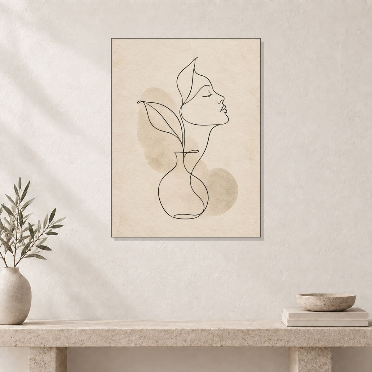 Minimalist Neutral Line Art Metal Print — close-up lifestyle view