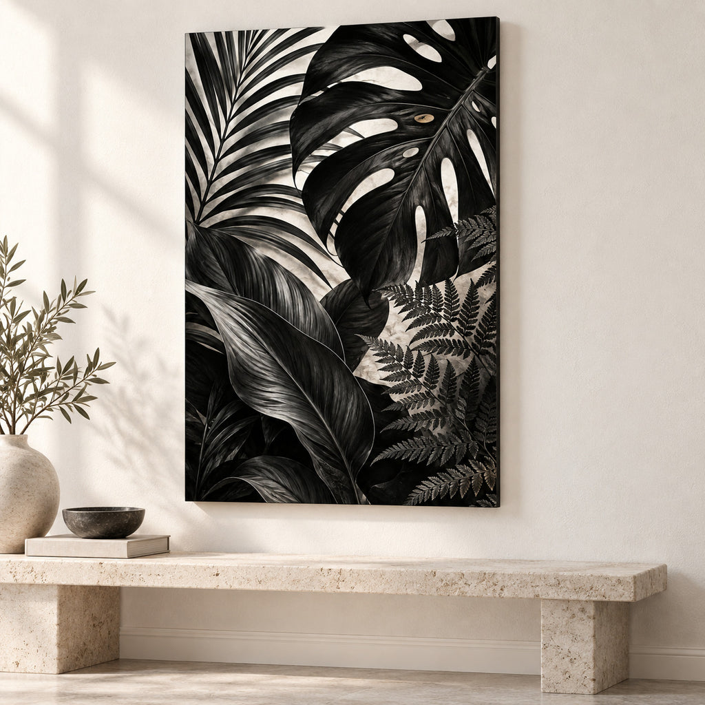 Bathroom Wall Art – Black Botanical Leaves Metal Print — close-up lifestyle view