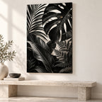 Bathroom Wall Art – Black Botanical Leaves Metal Print — close-up lifestyle view