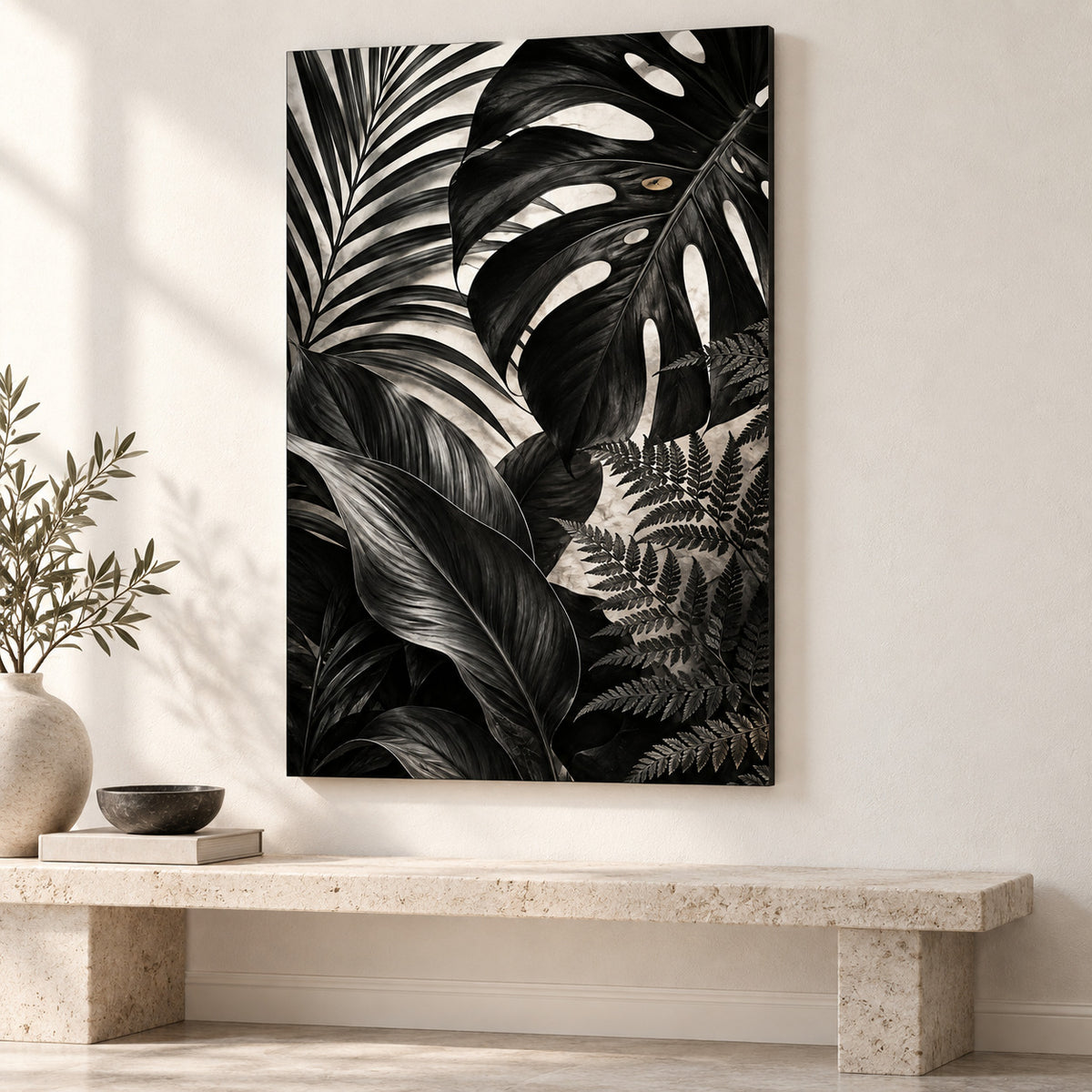 Bathroom Wall Art – Black Botanical Leaves Metal Print — close-up lifestyle view